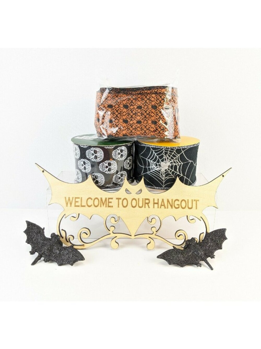 Halloween Wreath Ribbon 3 Variations 2.5x10 Total 23 yds & wood accent decor New